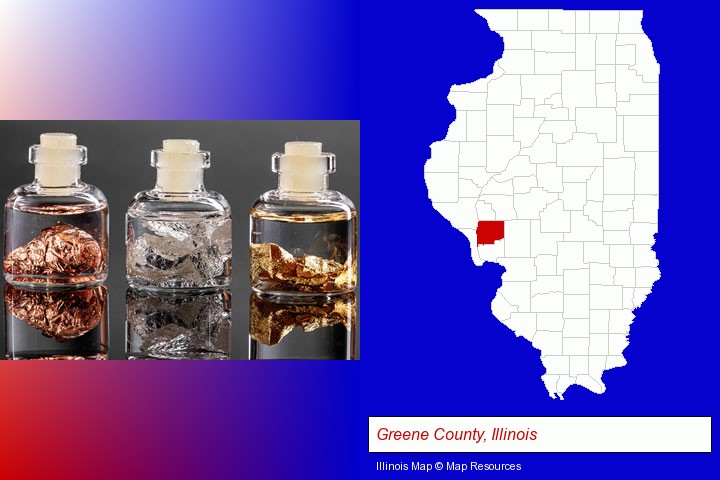 gold, silver, and copper nuggets; Greene County, Illinois highlighted in red on a map