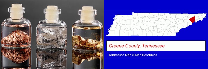 gold, silver, and copper nuggets; Greene County, Tennessee highlighted in red on a map