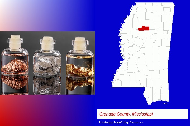 gold, silver, and copper nuggets; Grenada County, Mississippi highlighted in red on a map