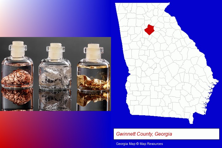 gold, silver, and copper nuggets; Gwinnett County, Georgia highlighted in red on a map