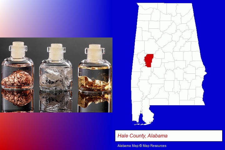 gold, silver, and copper nuggets; Hale County, Alabama highlighted in red on a map