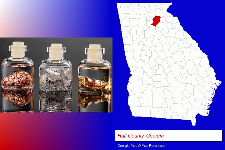 gold, silver, and copper nuggets; Hall County, Georgia highlighted in red on a map