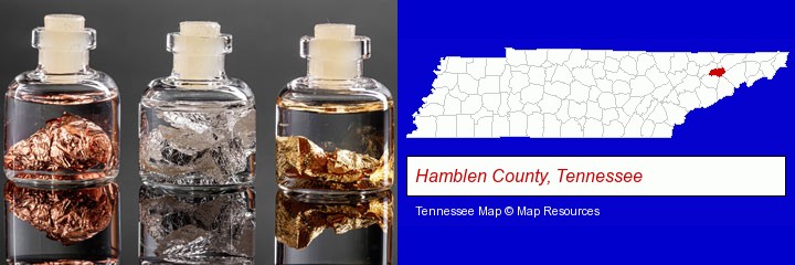 gold, silver, and copper nuggets; Hamblen County, Tennessee highlighted in red on a map