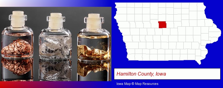 gold, silver, and copper nuggets; Hamilton County, Iowa highlighted in red on a map