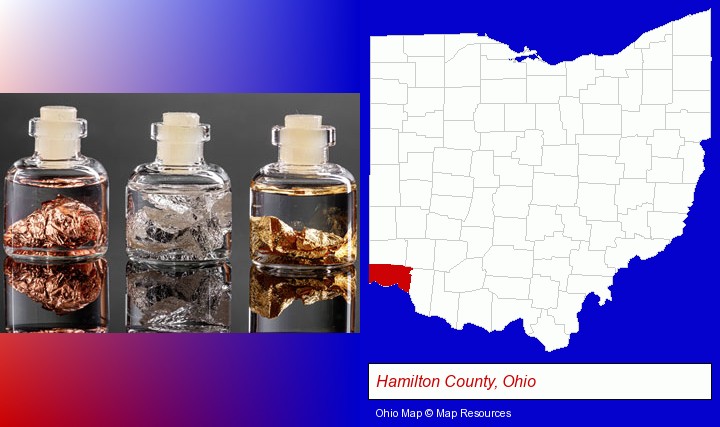 gold, silver, and copper nuggets; Hamilton County, Ohio highlighted in red on a map
