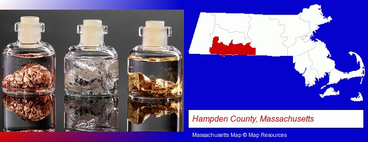 gold, silver, and copper nuggets; Hampden County, Massachusetts highlighted in red on a map