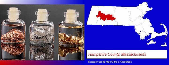 gold, silver, and copper nuggets; Hampshire County, Massachusetts highlighted in red on a map