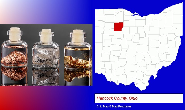 gold, silver, and copper nuggets; Hancock County, Ohio highlighted in red on a map