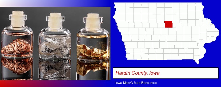 gold, silver, and copper nuggets; Hardin County, Iowa highlighted in red on a map