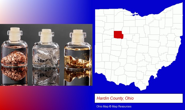 gold, silver, and copper nuggets; Hardin County, Ohio highlighted in red on a map