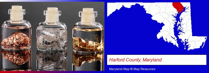 gold, silver, and copper nuggets; Harford County, Maryland highlighted in red on a map