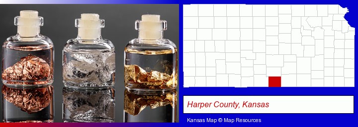 gold, silver, and copper nuggets; Harper County, Kansas highlighted in red on a map