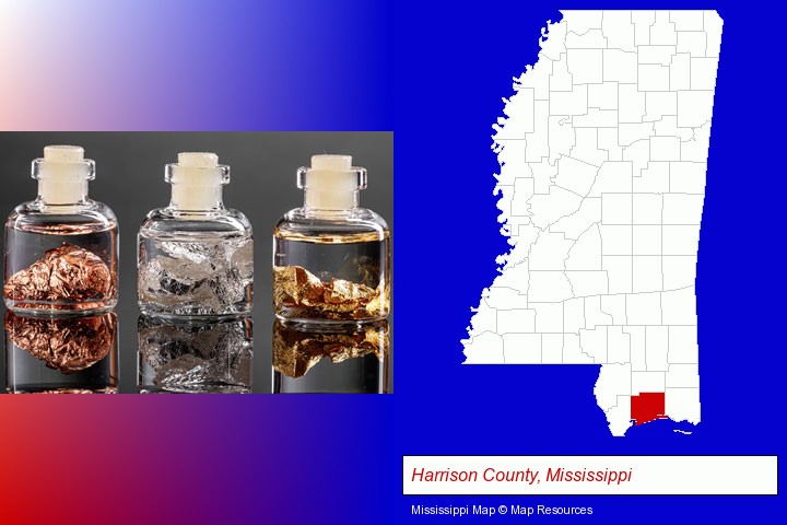 gold, silver, and copper nuggets; Harrison County, Mississippi highlighted in red on a map