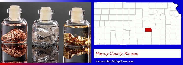 gold, silver, and copper nuggets; Harvey County, Kansas highlighted in red on a map