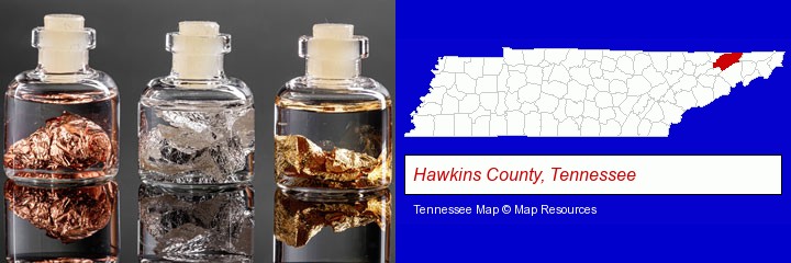 gold, silver, and copper nuggets; Hawkins County, Tennessee highlighted in red on a map