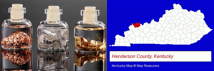 gold, silver, and copper nuggets; Henderson County, Kentucky highlighted in red on a map