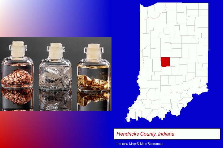 gold, silver, and copper nuggets; Hendricks County, Indiana highlighted in red on a map