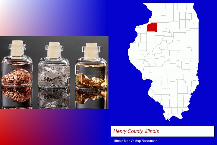 gold, silver, and copper nuggets; Henry County, Illinois highlighted in red on a map