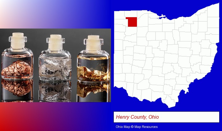 gold, silver, and copper nuggets; Henry County, Ohio highlighted in red on a map