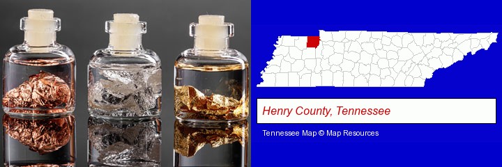 gold, silver, and copper nuggets; Henry County, Tennessee highlighted in red on a map