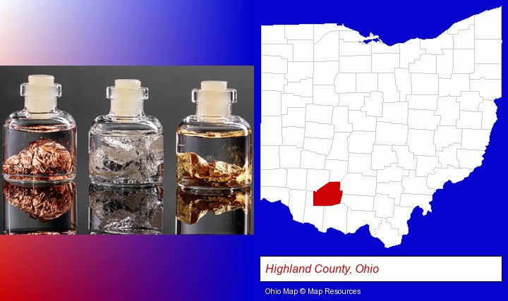 gold, silver, and copper nuggets; Highland County, Ohio highlighted in red on a map