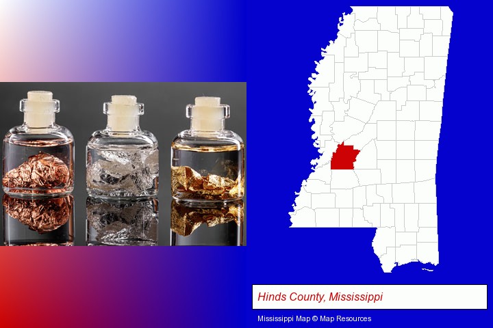 gold, silver, and copper nuggets; Hinds County, Mississippi highlighted in red on a map