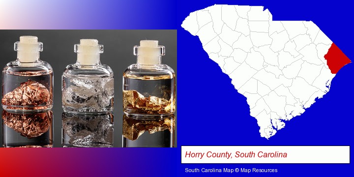 gold, silver, and copper nuggets; Horry County, South Carolina highlighted in red on a map