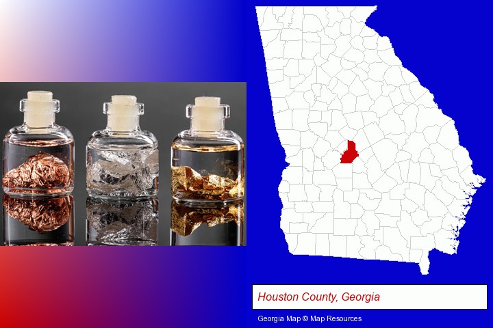 gold, silver, and copper nuggets; Houston County, Georgia highlighted in red on a map