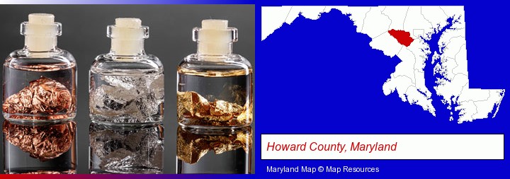 gold, silver, and copper nuggets; Howard County, Maryland highlighted in red on a map