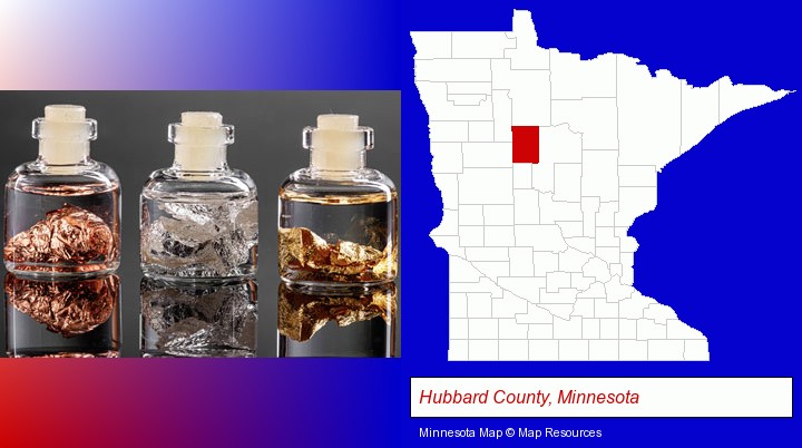 gold, silver, and copper nuggets; Hubbard County, Minnesota highlighted in red on a map