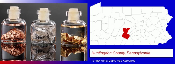 gold, silver, and copper nuggets; Huntingdon County, Pennsylvania highlighted in red on a map