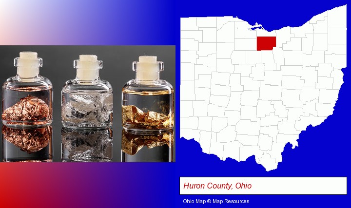 gold, silver, and copper nuggets; Huron County, Ohio highlighted in red on a map