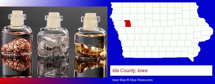 gold, silver, and copper nuggets; Ida County, Iowa highlighted in red on a map