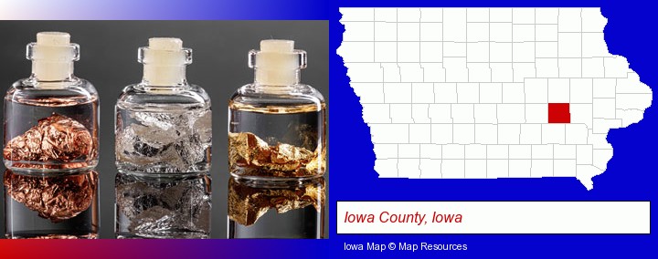 gold, silver, and copper nuggets; Iowa County, Iowa highlighted in red on a map