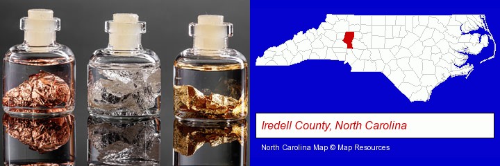 gold, silver, and copper nuggets; Iredell County, North Carolina highlighted in red on a map