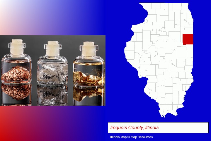 gold, silver, and copper nuggets; Iroquois County, Illinois highlighted in red on a map