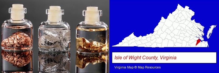 gold, silver, and copper nuggets; Isle of Wight County, Virginia highlighted in red on a map