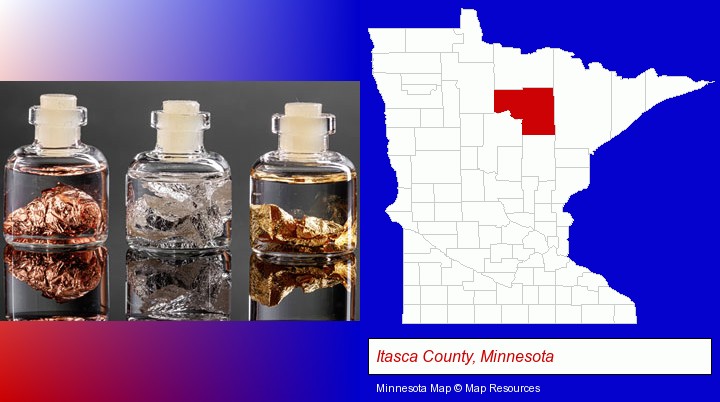 gold, silver, and copper nuggets; Itasca County, Minnesota highlighted in red on a map