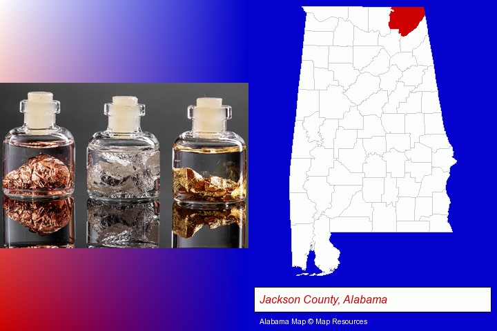gold, silver, and copper nuggets; Jackson County, Alabama highlighted in red on a map