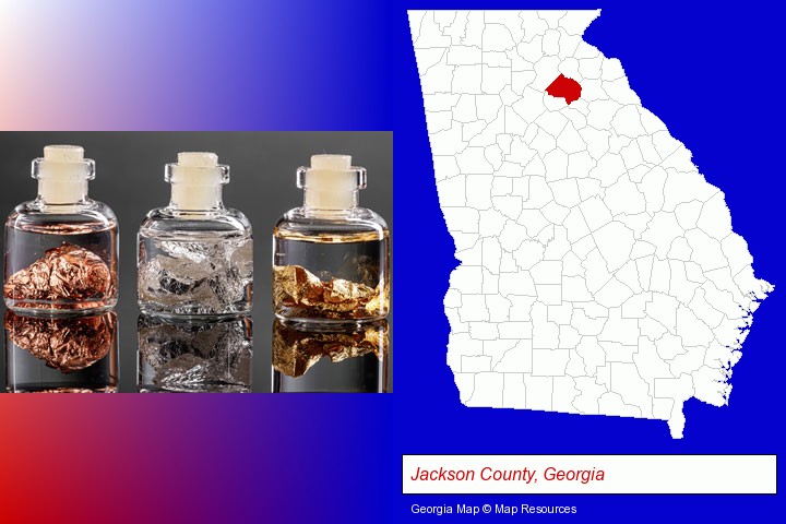 gold, silver, and copper nuggets; Jackson County, Georgia highlighted in red on a map
