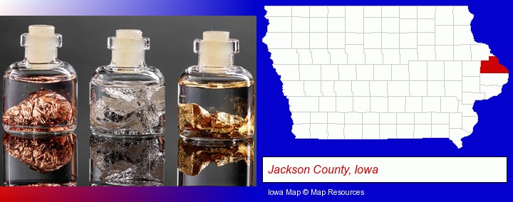 gold, silver, and copper nuggets; Jackson County, Iowa highlighted in red on a map
