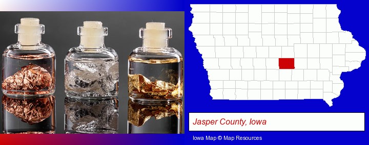 gold, silver, and copper nuggets; Jasper County, Iowa highlighted in red on a map