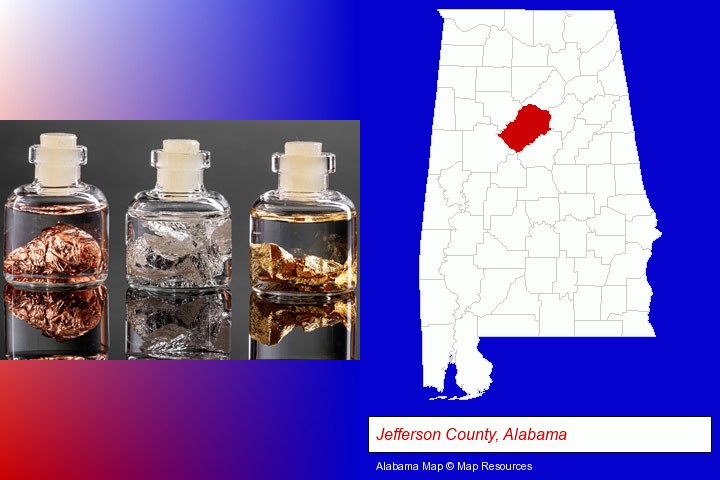 gold, silver, and copper nuggets; Jefferson County, Alabama highlighted in red on a map