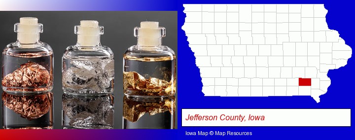 gold, silver, and copper nuggets; Jefferson County, Iowa highlighted in red on a map