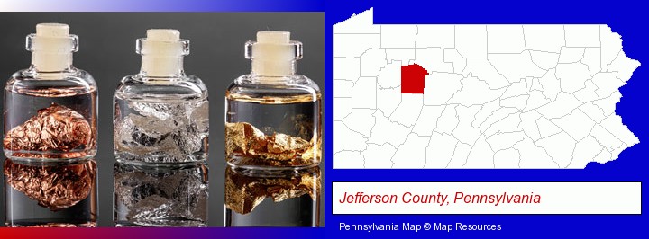 gold, silver, and copper nuggets; Jefferson County, Pennsylvania highlighted in red on a map