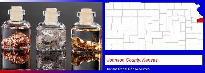 gold, silver, and copper nuggets; Johnson County, Kansas highlighted in red on a map