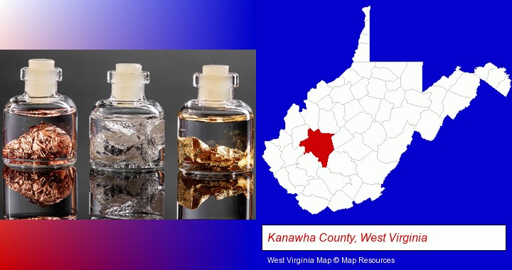 gold, silver, and copper nuggets; Kanawha County, West Virginia highlighted in red on a map