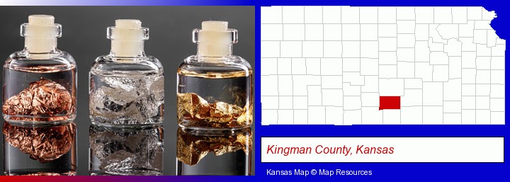 gold, silver, and copper nuggets; Kingman County, Kansas highlighted in red on a map