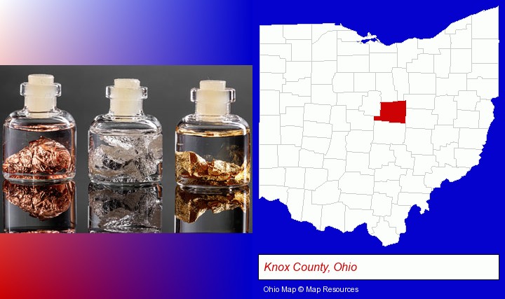 gold, silver, and copper nuggets; Knox County, Ohio highlighted in red on a map