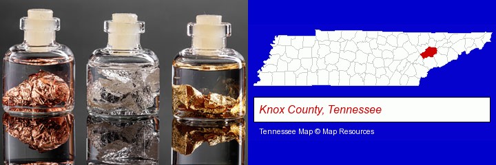 gold, silver, and copper nuggets; Knox County, Tennessee highlighted in red on a map